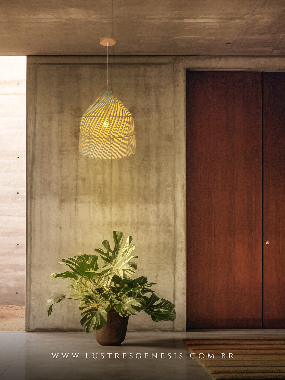 Pendentes Gambier de fibra natural de rattan Ø35cm instalados em sala de estar moderna, destacando decoração aconchegante com sofá claro e lareira.